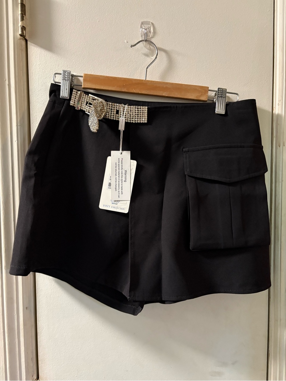Black Cargo Skort with Rhinestone Buckle Belt size M